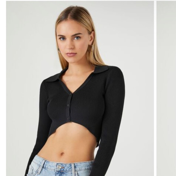 FOREVER 21 Black Ribbed Cropped Cardigan Collared Shirt Sweater Top Casual Sz M - Picture 4 of 10
